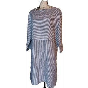 Isaac Mizrahi 100% Linen Striped Shirt Dress, White, Blue, Small With Pockets